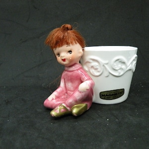 Vintage Napcoware Red haired Pixie with Non-Spill Magnetic Bobby Pin Holder with Foil Label