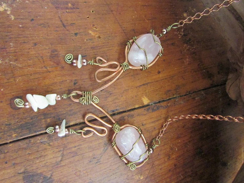 Vintage Rose Quartz and Mother of Pearl Necklace Wrapped in Copper and Brass