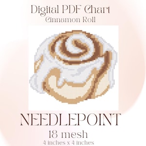 Könnte beinhalten: Digitales PDF-Diagramm für ein Nadelspitzenprojekt mit einem pixeligen Zimtschnecken-Design. Das Diagramm ist 10 cm x 10 cm groß und hat 18 Mesh. Das Bild hat den Text "NEEDLEPOINT" und "Cinnamon Roll".