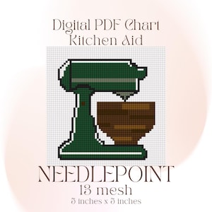 Puede incluir: Gráfico PDF digital para un proyecto de punto de aguja con una batidora Kitchen Aid verde con un cuenco marrón. El texto dice "NEEDLEPOINT 13 mesh 12,7 cm x 12,7 cm". La imagen es un diseño pixelado sobre fondo blanco.
