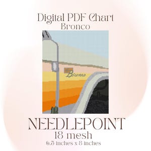 Puede incluir: Gráfico PDF digital para punto de aguja con una imagen pixelada de un Bronco. El gráfico incluye la palabra "Bronco" y el texto "NEEDLEPOINT 18 mesh 16.5 cm x 20.3 cm". El fondo tiene tonos naranja y azul.