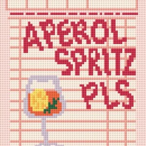 May include: Cross-stitch design of a guest check with the words "Guest Check" at the top. The words "APEROL SPRITZ PLS" are in the center, with a cocktail glass illustration. The bottom has "TIX" and "TOTAL".