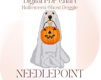 May include: Digital PDF chart for a Halloween-themed needlepoint project. The design features a dog dressed as a ghost, holding an orange jack-o'-lantern. The text reads "Halloween Ghost Doggie". The finished design measures 3.7 inches by 5.6 inches.