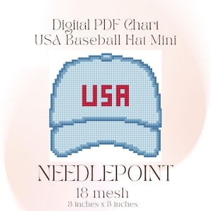 May include: Digital PDF chart for a needlepoint project. The design features a light blue baseball hat with the word "USA" in red. The finished size is 3 inches by 3 inches.