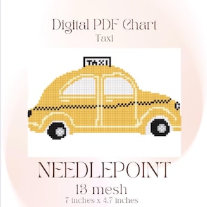 Könnte beinhalten: Digitales PDF-Diagramm für ein Nadelspitzenprojekt mit einem gelben Taxi-Design. Das Bild enthält das Wort „TAXI“ auf dem Taxi. Das Diagramm ist 17,78 cm x 11,94 cm groß und verwendet 13 Mesh.