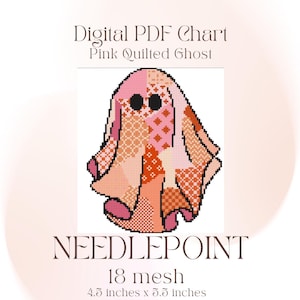 Pode incluir: Gráfico PDF digital para um projeto de ponto de agulha com um design de fantasma acolchoado rosa. A imagem mostra um fantasma pixelizado em tons de rosa e laranja. O gráfico tem 11,4 cm por 14 cm e usa 18 malhas.