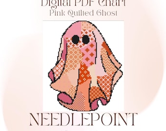 May include: Digital PDF chart for a needlepoint project featuring a pink quilted ghost design. The image shows a pixelated ghost in shades of pink and orange. The chart is 4.5 inches by 5.5 inches and uses 18 mesh.