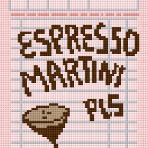 May include: A pixelated image of a guest check with the words "Guest Check" in green. The check lists "ESPRESSO MARTINI" and a martini glass icon. The background is pink with a grid pattern.