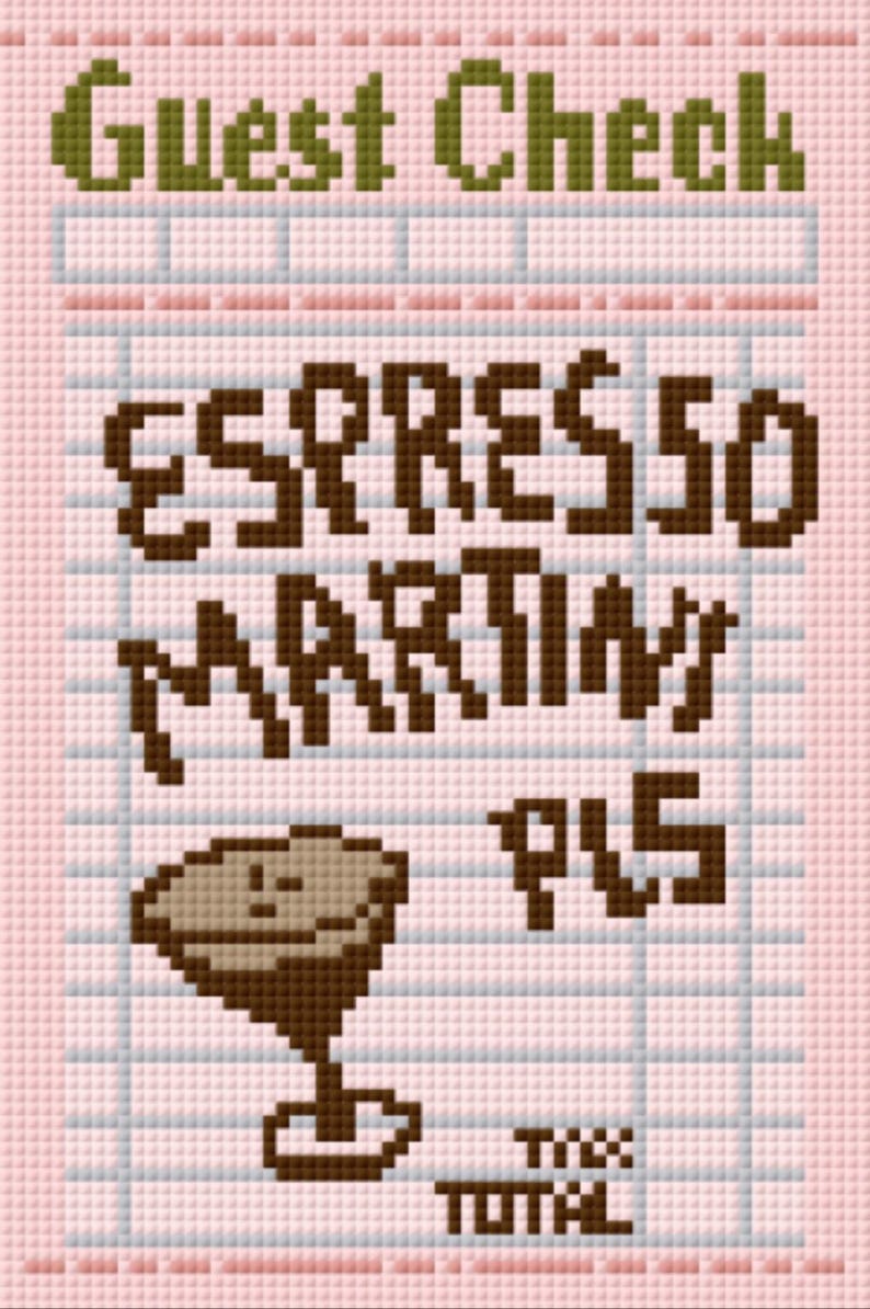 May include: A pixelated image of a guest check with the words "Guest Check" in green. The check lists "ESPRESSO MARTINI" and a martini glass icon. The background is pink with a grid pattern.
