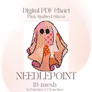 May include: Digital PDF chart for a needlepoint project featuring a pink quilted ghost design. The ghost is composed of various shades of pink and orange, with a pixelated appearance. The chart is 6.2 inches by 7.6 inches.