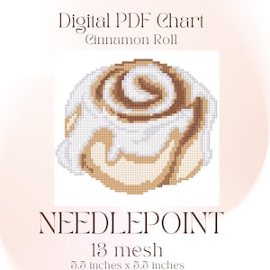 May include: Digital PDF chart for a needlepoint project with a pixelated cinnamon roll design. The chart measures 14 cm x 14 cm and uses 13 mesh. The image has a soft, neutral color palette.