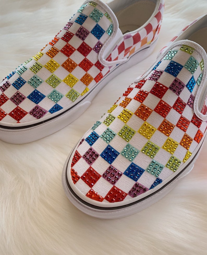 Rainbow checker vans with Swarovski Crystals custom vans | Etsy