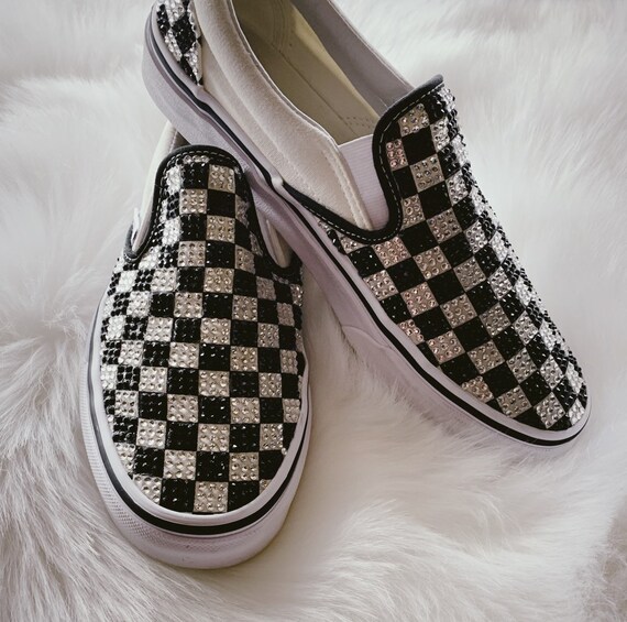 white and silver checkered vans