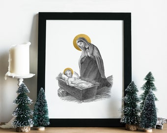 Christmas Print | Nativity Print | Baby Jesus and Mary | Catholic Wall Art