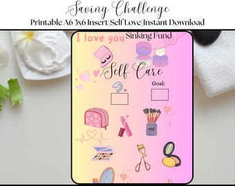 May include: A printable self-care savings challenge card with a pink and yellow gradient background. The card features illustrations of makeup items, hearts, and the text "I love you", "Self Care", and "Goal:".
