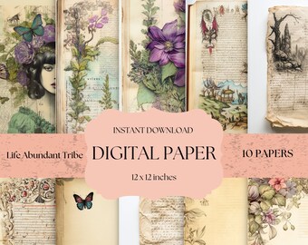 Digitalt papperspaket med vintageblommor, Shabby Chic-klippbok (digital nedladdning)