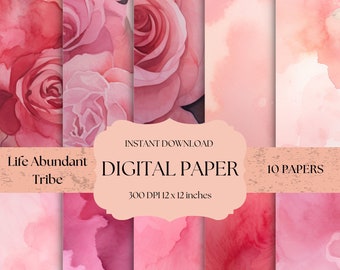 Shabby Chic Vintage Roses and Watercolour Digital Paper Pack, Wedding Stationary, Engagements, Baby Showers, Baby Namings, Mothers Day, Love