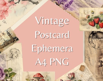 Vintage Postcard Style Ephemera Digital Download Scrapbook pages, 12 A4 PNG Files, 24 Pics, Card Making, Junk Journals, Roses, Various Pics.