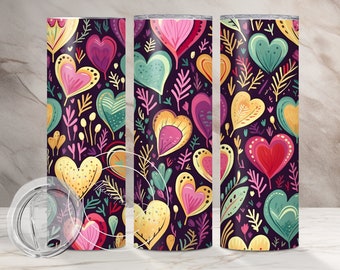 Boho Style Valentine's Day Love Hearts Tumbler Wrap Gift for Her 20 oz Skinny Tumbler Wraps Scrapbooking Digital Download DIY Crafting