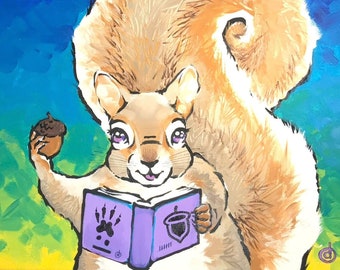 Studying Squirrel Art Print: Whimsical Animal Illustration