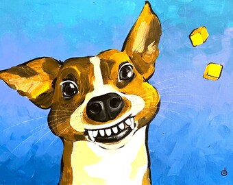 Dog Loves Cheese Art Print: Whimsical Acrylic Painting