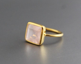 Rose Quartz Ring - Square Ring - Statement Ring - Gemstone Ring - Lovers Ring - January Rose Quartz Ring - Dainty Rose Quartz Ring