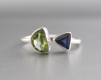 Peridot Ring - Blue Sapphire Ring - Sterling Silver Ring - Green Gemstone Ring - Adjustable Ring - Boho Jewelry - August Birthstone Ring