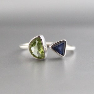 Peridot Ring - Blue Sapphire Ring - Sterling Silver Ring - Green Gemstone Ring - Adjustable Ring - Boho Jewelry - August Birthstone Ring