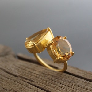 Bague en citrine - Bague en argent sterling 925 - Quartz citrine - Bague octogonale en citrine - Bague empilable - Bague en or et citrine - Pierre de naissance de novembre