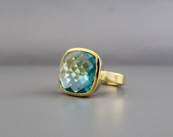 Blue Topaz Ring - Cushion Ring - Bridal Ring - Bridesmaid Ring - Gold Micron Plated - Engagement Ring - Gift for Wife - Gold Ring
