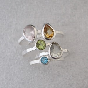 Custom Birthstone Ring Set - Stacking Ring Set - Green Amethyst Topaz Ring - 925 Sterling Silver - Statement Ring - Mother Daughter Ring Set