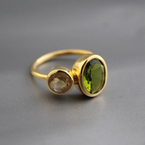 Peridot Gemstone Quartz Ring - August Birthstone -Green Gemstone - 925 Sterling Silver - Handmade - Peridot - Citrine - Gold Ring