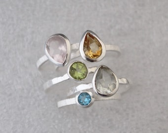 Custom Birthstone Ring Set - Stacking Ring Set - Green Amethyst Topaz Ring - 925 Sterling Silver - Statement Ring - Mother Daughter Ring Set
