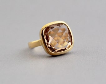 Morganite Quartz Ring - Peach Gemstone Ring - Gold Micron Plated - Boho Handmade - Statement Ring - Engagement Wedding Ring - Quartz Ring