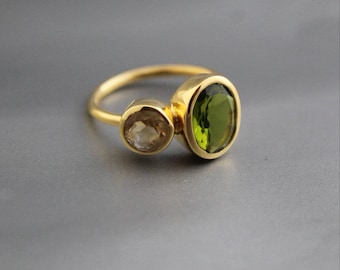 Peridot Gemstone Quartz Ring - August Birthstone -Green Gemstone - 925 Sterling Silver - Handmade - Peridot - Citrine - Gold Ring