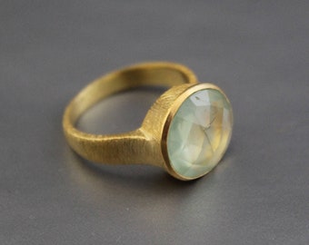 Natural Prehnite Ring - Gold Micron Plated  - Statement Ring - Prehnite Jewelry - Handmade Silver Ring - Green Gemstone - Gift For Her