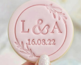 CUSTOM Wedding Engagement Initials & Date With Wreath - Fondant Biscuit Embosser Stamp Style 1 Personalised