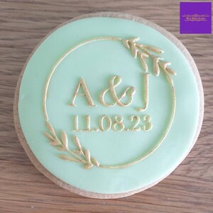 CUSTOM Wedding Initials & Date With Wreath Fondant Biscuit Reverse Embosser Stamp Style 1 image 3