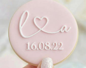 CUSTOM Initials & Date With Heart Wedding Engagement - Fondant Biscuit Embosser Stamp Style 2 Personalised Reverse