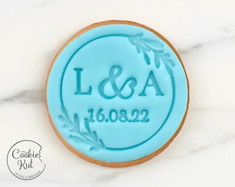 CUSTOM Wedding Initials & Date With Wreath - Fondant Biscuit Embosser Stamp Style 1