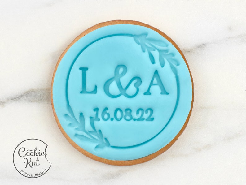 CUSTOM Wedding Initials & Date With Wreath Fondant Biscuit Reverse Embosser Stamp Style 1 Stamp 'Debosser'