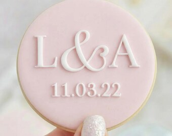 CUSTOM Wedding Engagement Initials & Date With Wreath - Fondant Embosser Stamp Style 2 Personalised Reverse