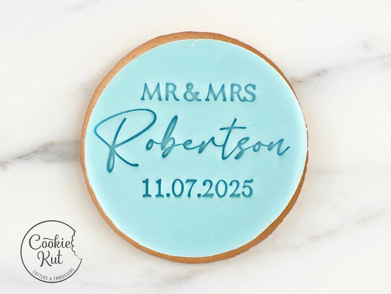 CUSTOM Mr and Mrs Wedding Engagement - Name and Date Fondant Biscuit Embosser Stamp Style 2 Personalised image 2