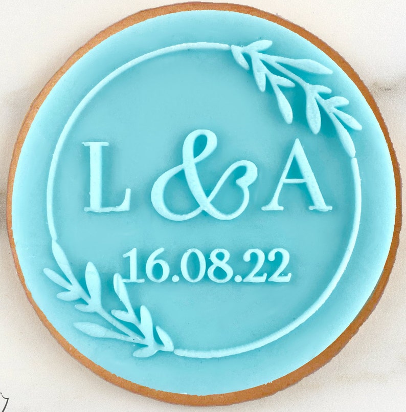 CUSTOM Wedding Initials & Date With Wreath Fondant Biscuit Reverse Embosser Stamp Style 1 image 1