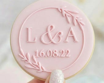 CUSTOM Initials & Date Wedding Engagement - Fondant Biscuit Embosser Stamp Style 1 Personalised Reverse