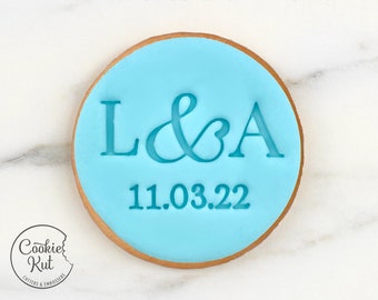 CUSTOM Wedding Initials & Date With Wreath - Fondant Biscuit Embosser Stamp Style 2