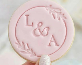 CUSTOM Wedding Engagement Initials & Date With Wreath - Fondant Biscuit Embosser Stamp Style 3 Personalised