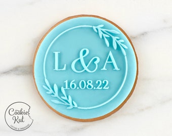 CUSTOM Wedding Initials & Date With Wreath - Fondant Biscuit Reverse Embosser Stamp Style 1