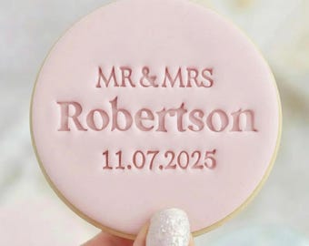 CUSTOM Mr and Mrs Wedding Engagement - Name and Date Fondant Biscuit Embosser Stamp Style 1 Personalised
