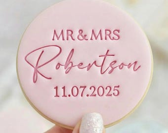 CUSTOM Mr and Mrs Wedding Engagement - Name and Date Fondant Biscuit Embosser Stamp Style 2 Personalised